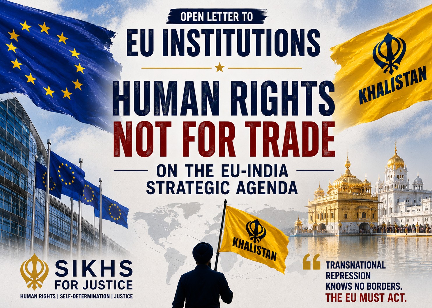Poster for an open letter to EU institutions urging human rights considerations in the EU–India Strategic Agenda, highlighting concerns over transnational repression and protections for minority communities.